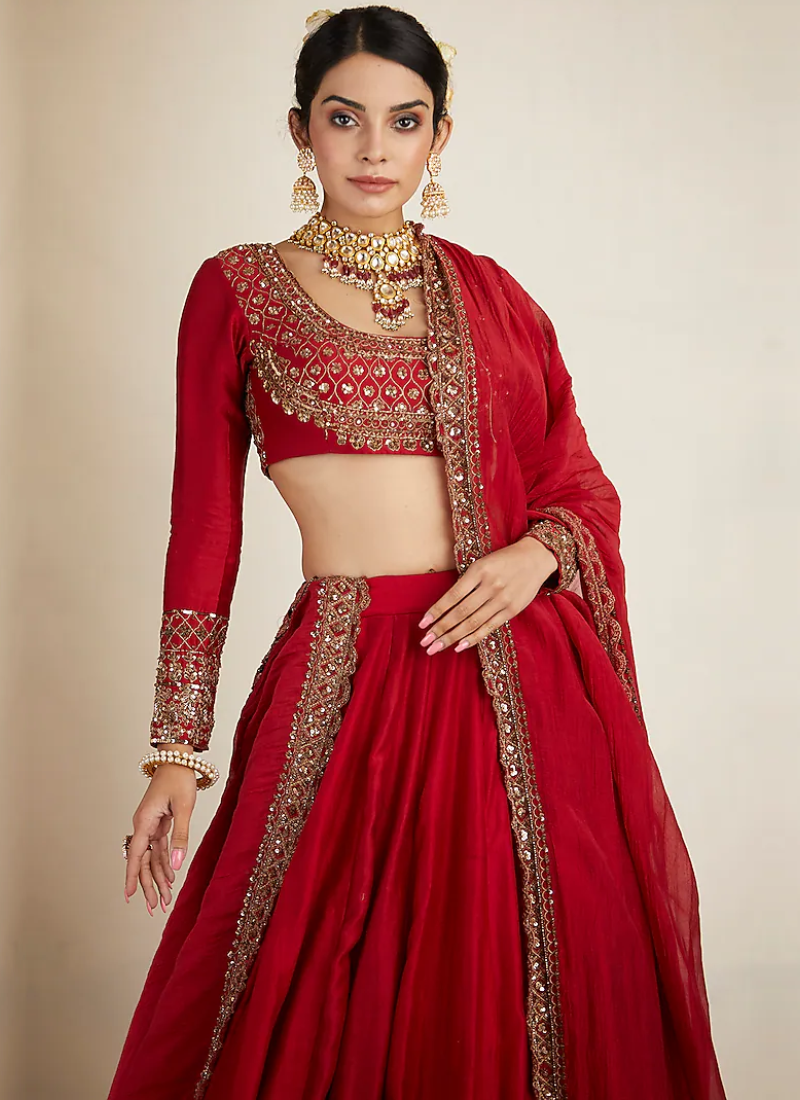 Red Vichitra Silk Thread Sequence Embroidery Lehenga Set For Wedding