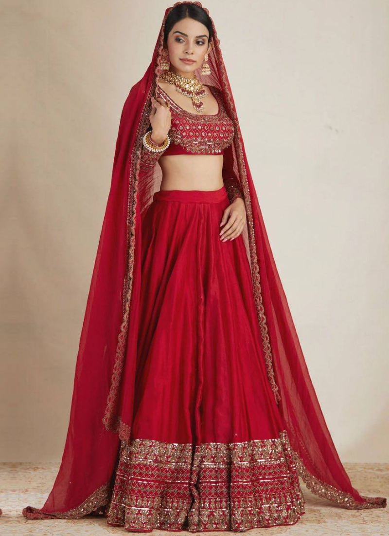 Red Vichitra Silk Thread Sequence Embroidery Lehenga Set For Wedding