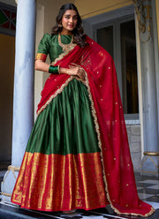 Red And Green Silk Zari Weaving Work Half Saree Lehenga Choli