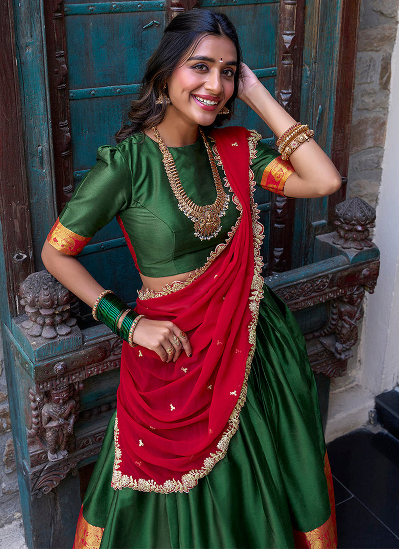 Red And Green Silk Zari Weaving Work Half Saree Lehenga Choli