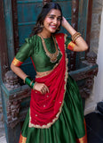 Red And Green Silk Zari Weaving Work Half Saree Lehenga Choli