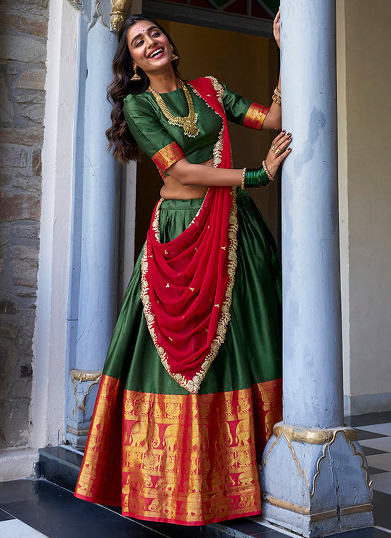 Red And Green Silk Zari Weaving Work Half Saree Lehenga Choli