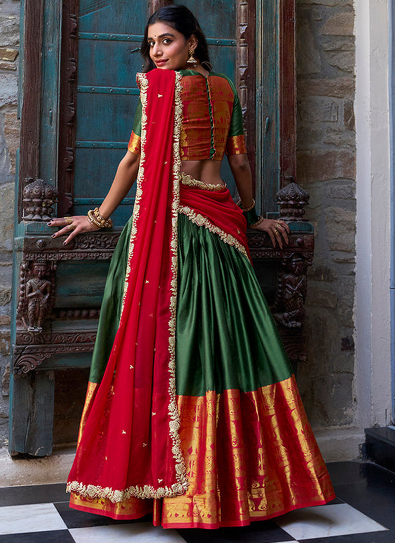 Red And Green Silk Zari Weaving Work Half Saree Lehenga Choli