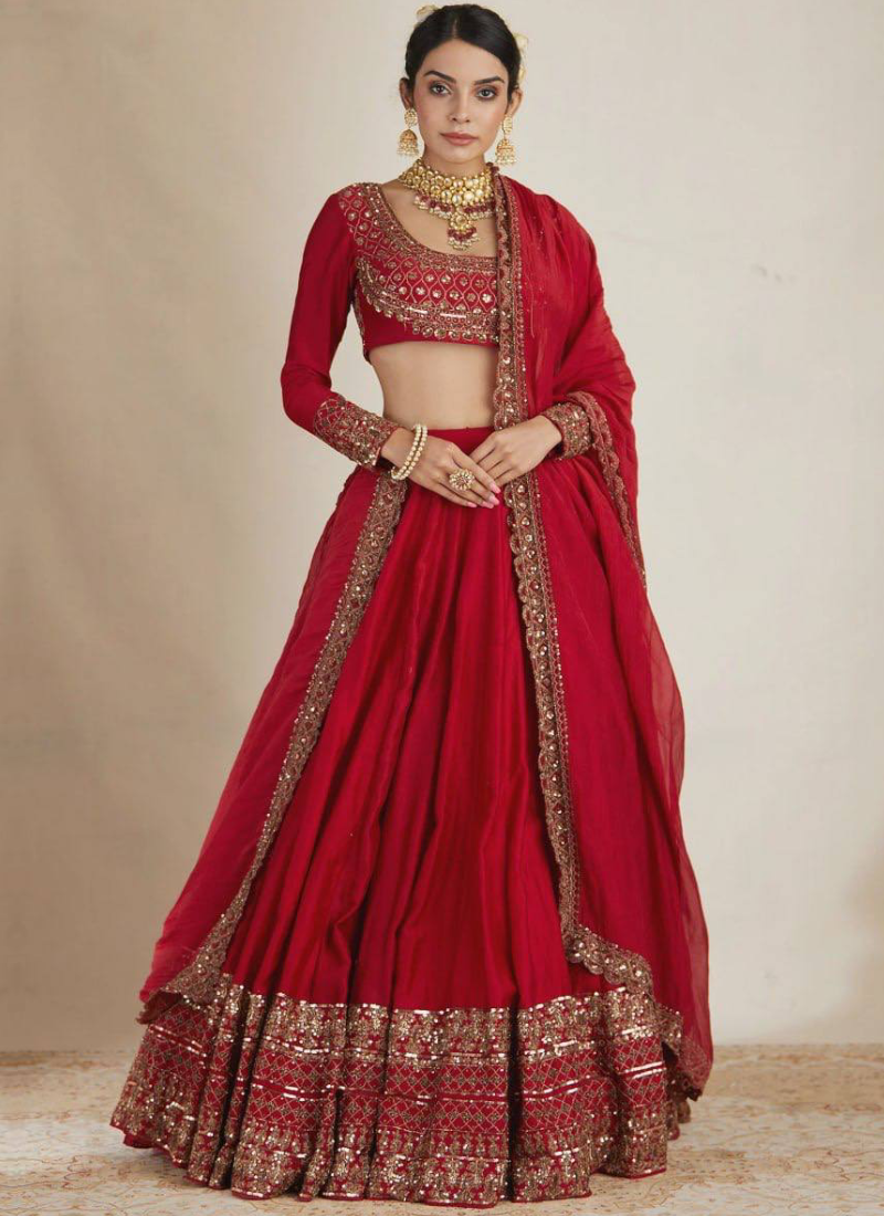 Red Vichitra Silk Thread Sequence Embroidery Lehenga Set For Wedding