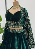 Rich Looking Bottle Green Sequence Work Velvet Lehenga Choli For Party