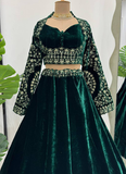 Rich Looking Bottle Green Sequence Work Velvet Lehenga Choli For Party
