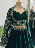 Rich Looking Bottle Green Sequence Work Velvet Lehenga Choli For Party
