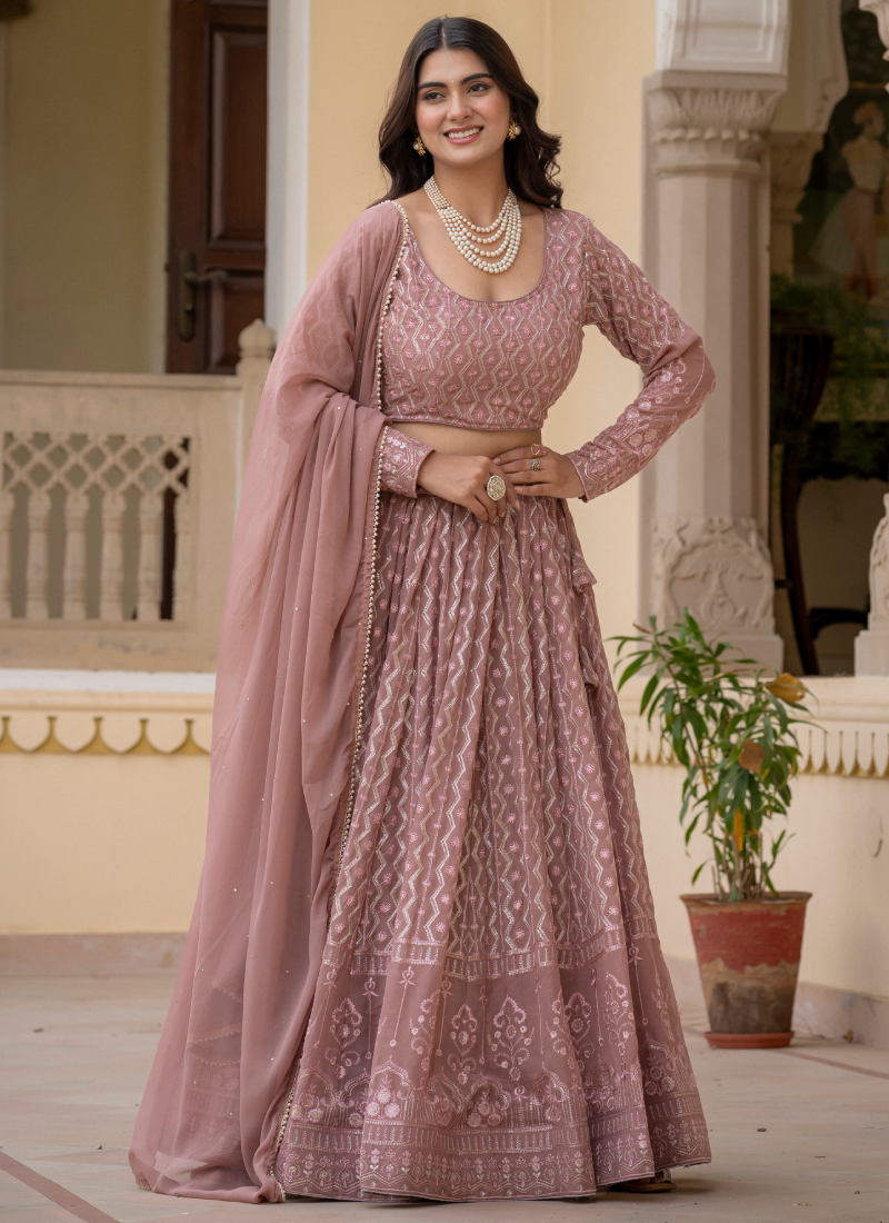 Rosy Brown Thread Sequence Embroidered Georgette Lehenga Choli Set