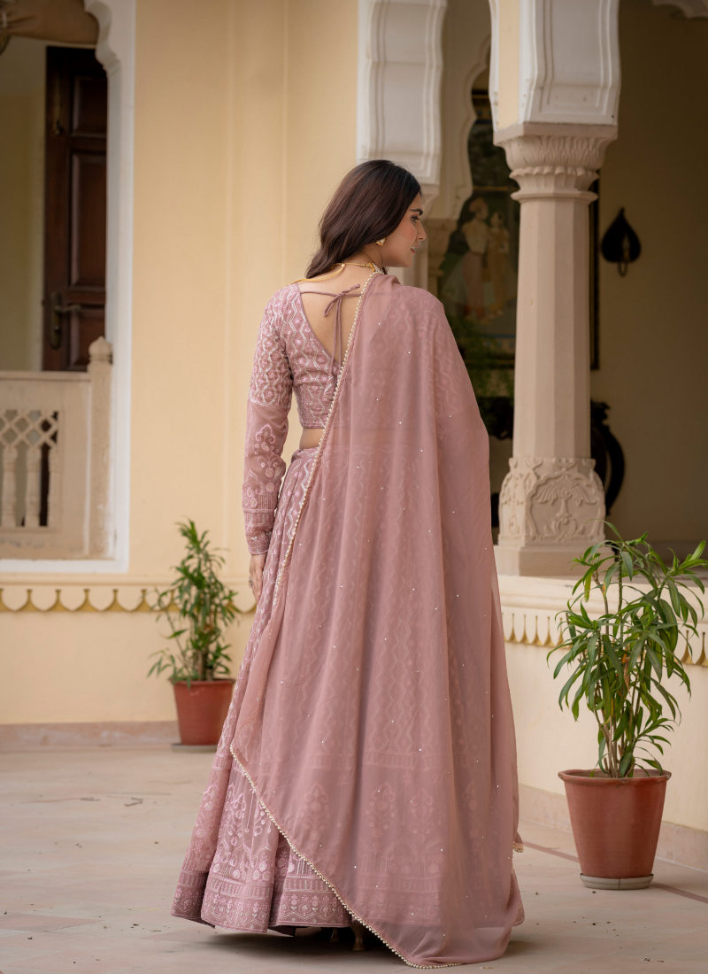 Rosy Brown Thread Sequence Embroidered Georgette Lehenga Choli Set