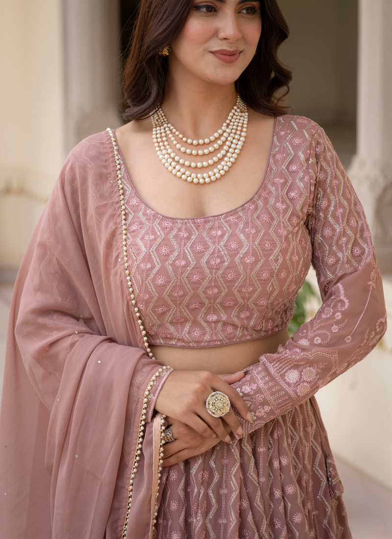 Rosy Brown Thread Sequence Embroidered Georgette Lehenga Choli Set