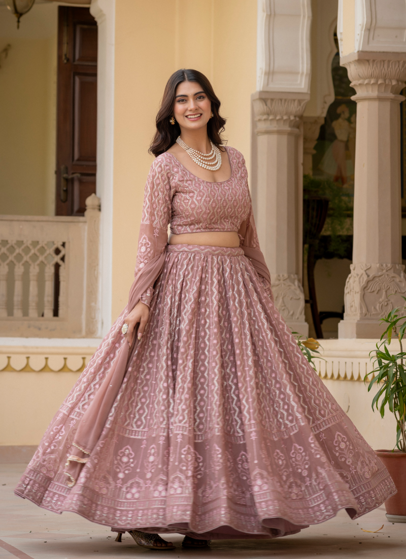 Rosy Brown Thread Sequence Embroidered Georgette Lehenga Choli Set