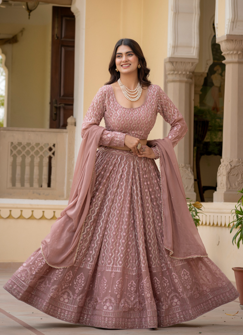 Rosy Brown Thread Sequence Embroidered Georgette Lehenga Choli Set