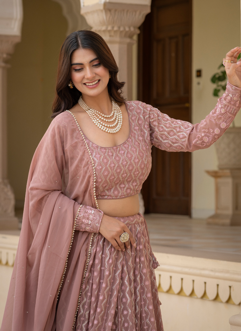 Rosy Brown Thread Sequence Embroidered Georgette Lehenga Choli Set