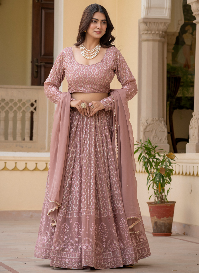 Rosy Brown Thread Sequence Embroidered Georgette Lehenga Choli Set