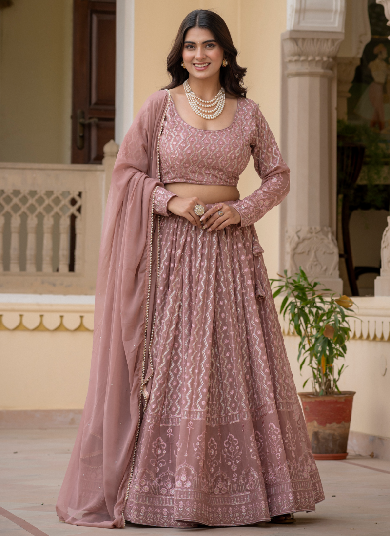 Rosy Brown Thread Sequence Embroidered Georgette Lehenga Choli Set