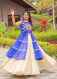Royal Blue Gamthi Work Printed Shrug With Beige Cotton Lehenga