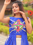 Royal Blue Gamthi Work Printed Shrug With Beige Cotton Lehenga
