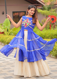Royal Blue Gamthi Work Printed Shrug With Beige Cotton Lehenga