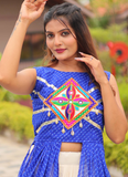 Royal Blue Gamthi Work Printed Shrug With Beige Cotton Lehenga