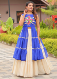 Royal Blue Gamthi Work Printed Shrug With Beige Cotton Lehenga