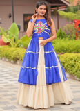 Royal Blue Gamthi Work Printed Shrug With Beige Cotton Lehenga
