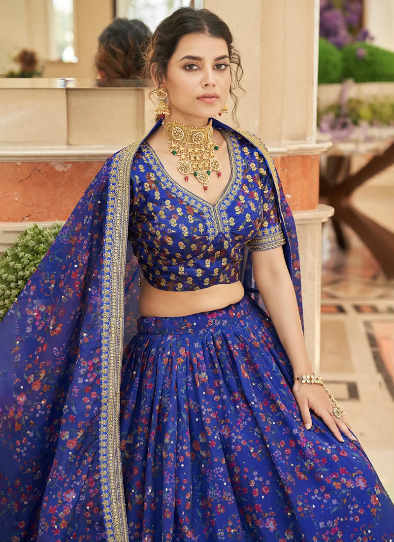 Royal Blue Organza Embroidered Work Lehenga Choli For Wedding