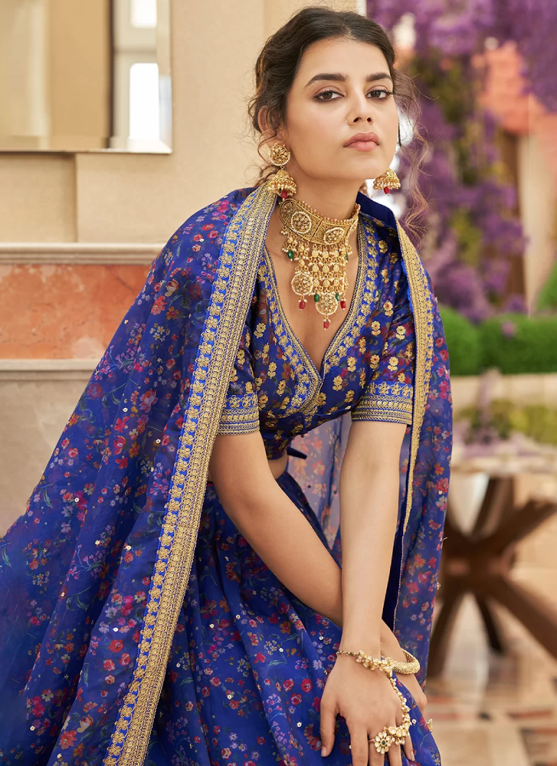 Royal Blue Organza Embroidered Work Lehenga Choli For Wedding