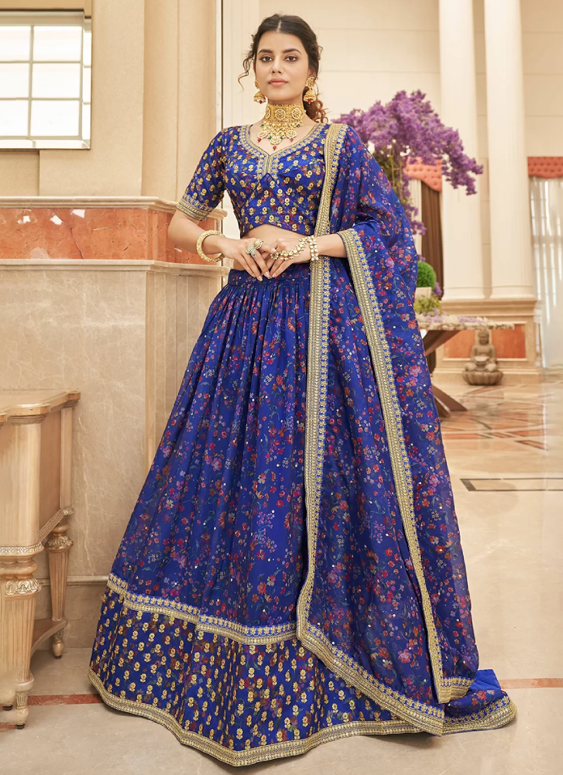 Royal Blue Organza Embroidered Work Lehenga Choli For Wedding