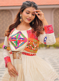 Ruffle Style Cotton Off White Navratri Special Lehenga Choli With Koti