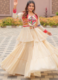 Ruffle Style Cotton Off White Navratri Special Lehenga Choli With Koti
