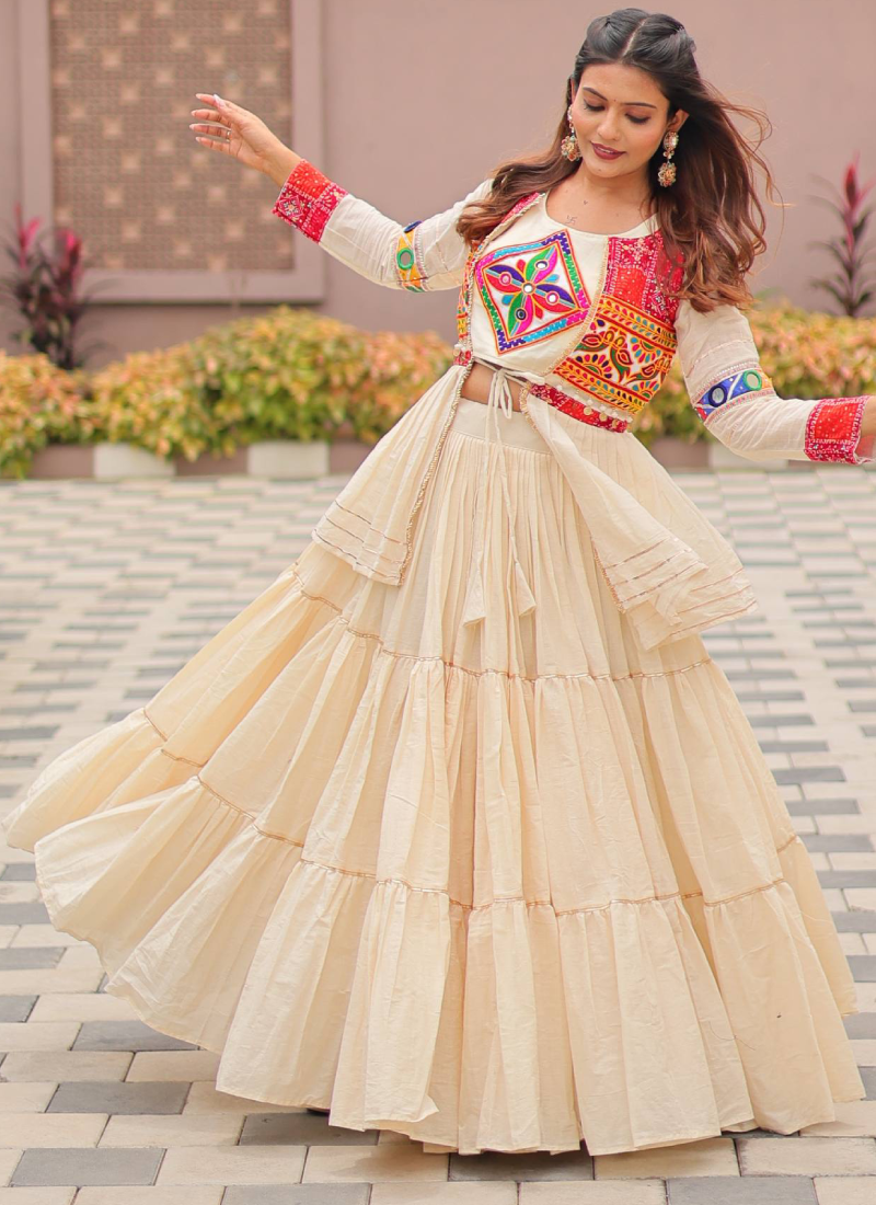 Ruffle Style Cotton Off White Navratri Special Lehenga Choli With Koti