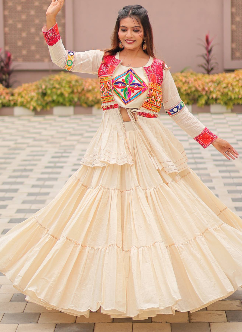 Ruffle Style Cotton Off White Navratri Special Lehenga Choli With Koti