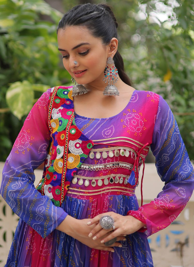 Ruffle Style Flared Blue Georgette Bandhani Printed Navratri Wear Gown