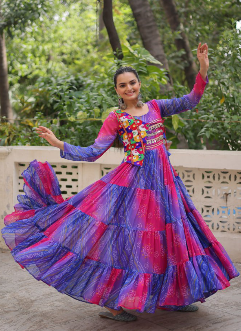 Ruffle Style Flared Blue Georgette Bandhani Printed Navratri Wear Gown