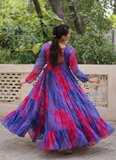 Ruffle Style Flared Blue Georgette Bandhani Printed Navratri Wear Gown