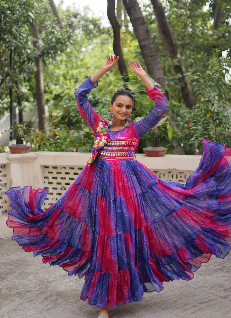 Ruffle Style Flared Blue Georgette Bandhani Printed Navratri Wear Gown