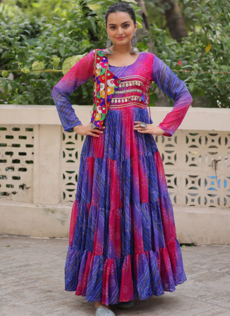 Ruffle Style Flared Blue Georgette Bandhani Printed Navratri Wear Gown