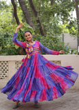 Ruffle Style Flared Blue Georgette Bandhani Printed Navratri Wear Gown