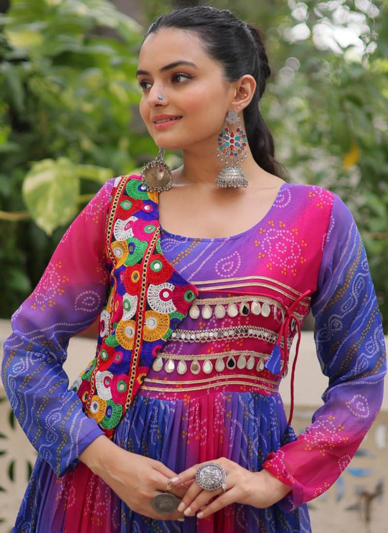 Ruffle Style Flared Blue Georgette Bandhani Printed Navratri Wear Gown