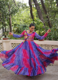 Ruffle Style Flared Blue Georgette Bandhani Printed Navratri Wear Gown