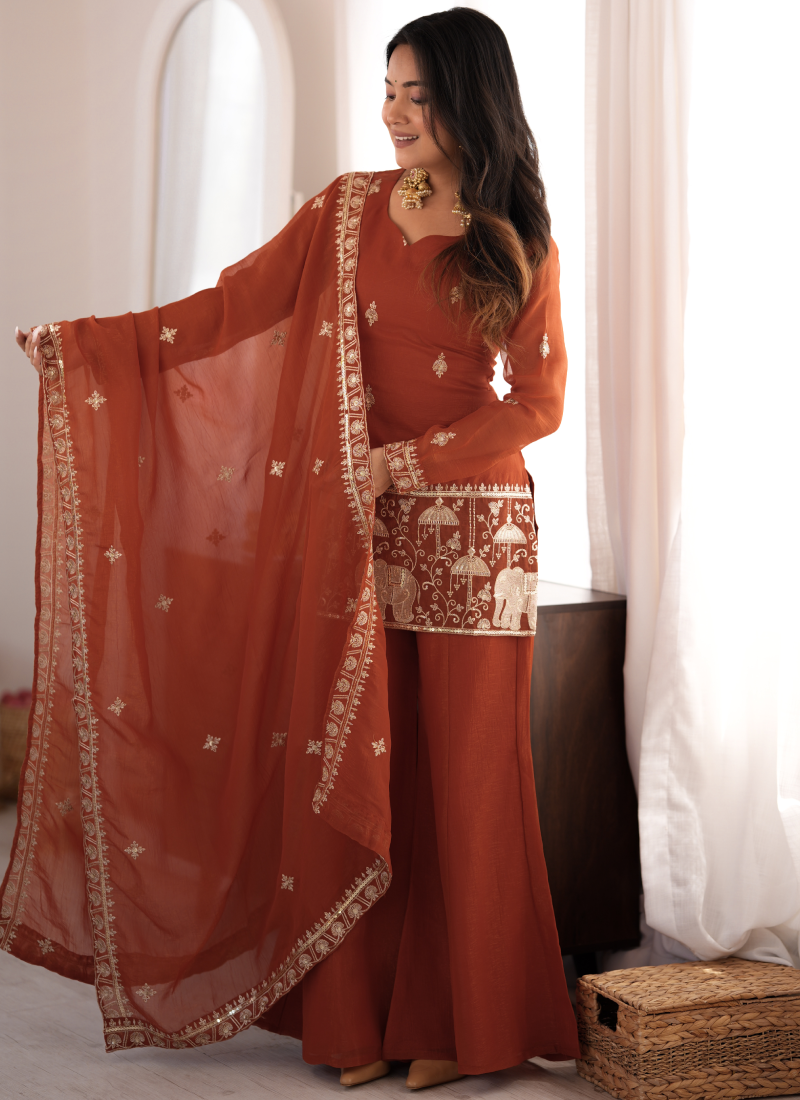 Rust Orange Crunchy Silk Embroidered Kurta Set With Bell Bottom Pant