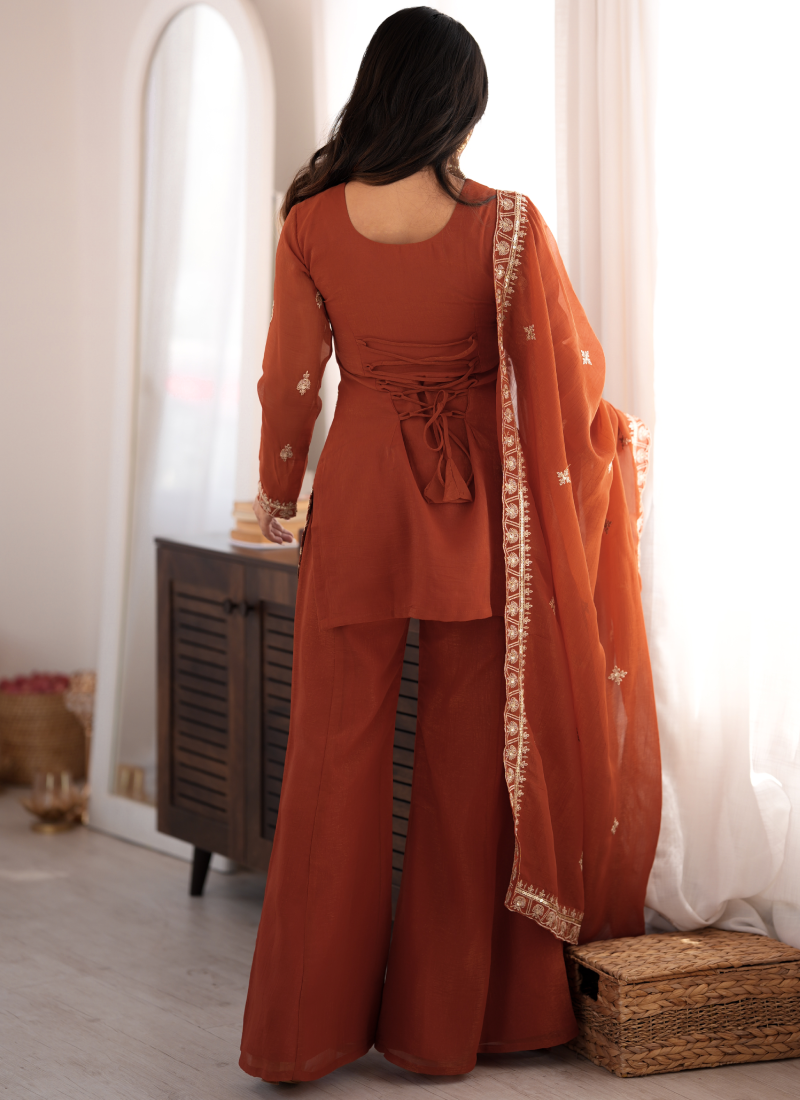 Rust Orange Crunchy Silk Embroidered Kurta Set With Bell Bottom Pant