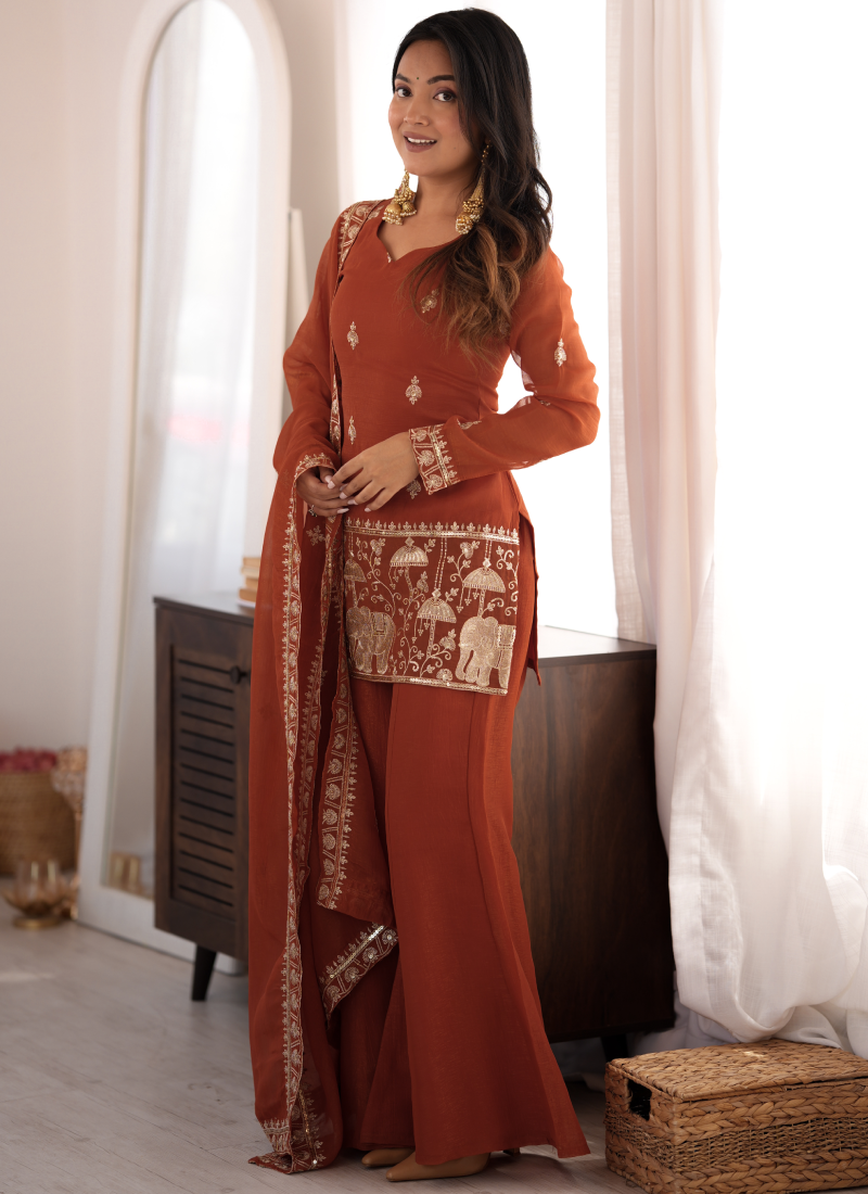 Rust Orange Crunchy Silk Embroidered Kurta Set With Bell Bottom Pant