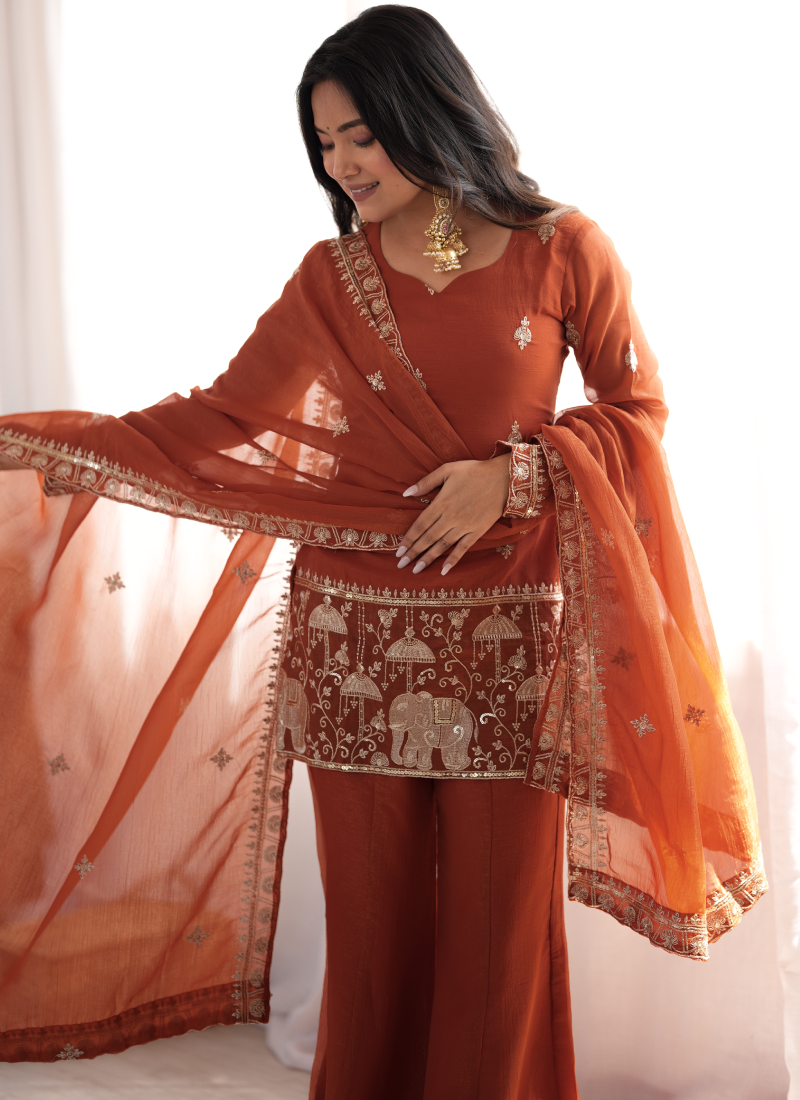 Rust Orange Crunchy Silk Embroidered Kurta Set With Bell Bottom Pant