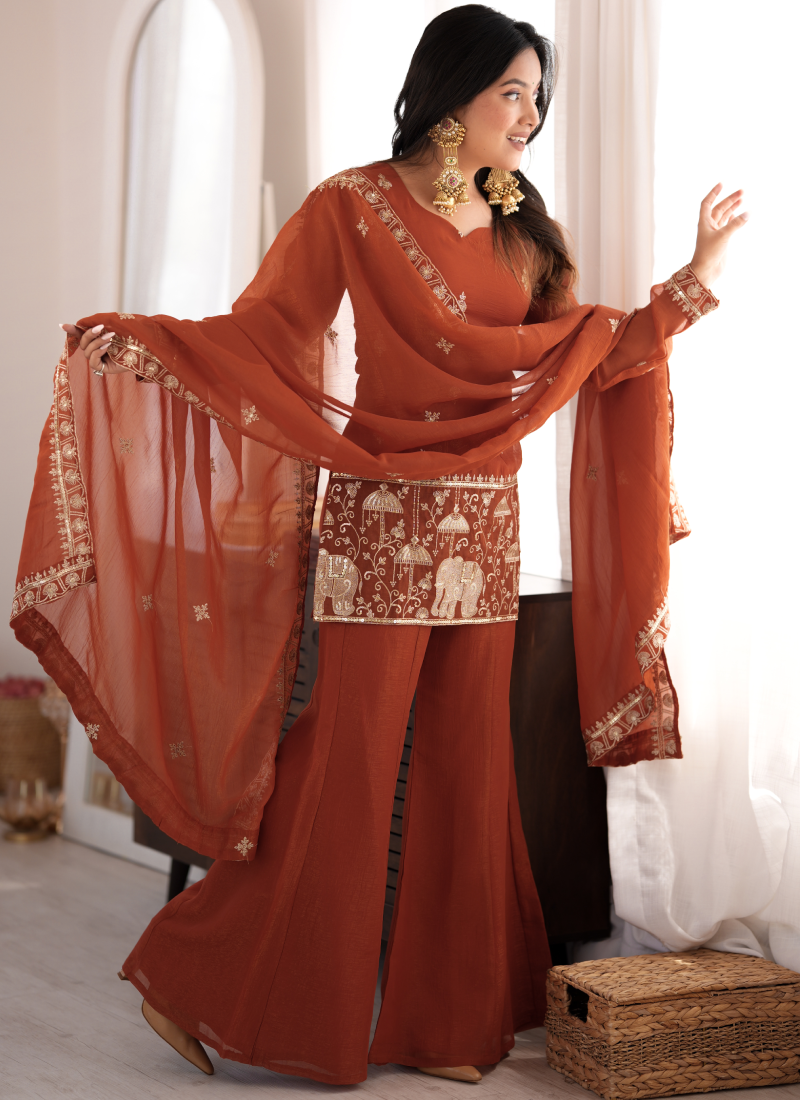 Rust Orange Crunchy Silk Embroidered Kurta Set With Bell Bottom Pant