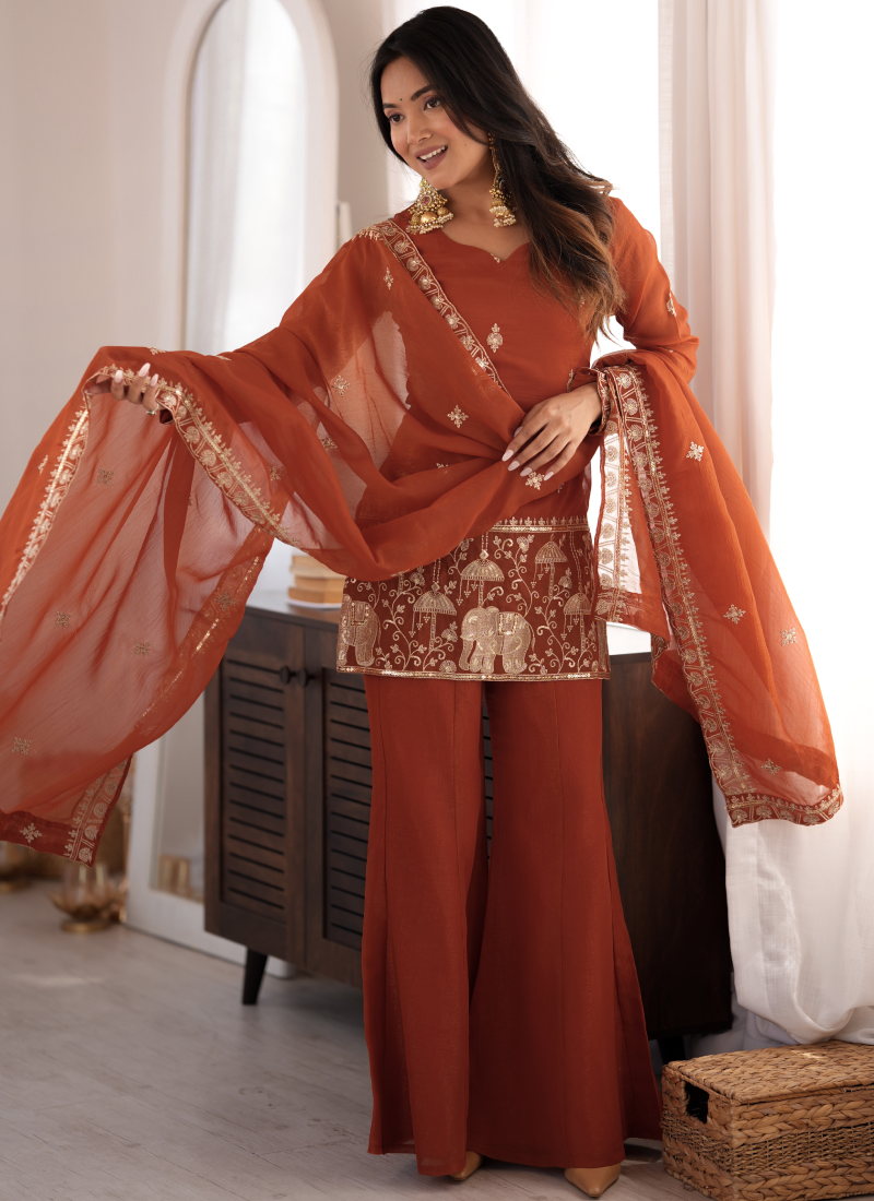 Rust Orange Crunchy Silk Embroidered Kurta Set With Bell Bottom Pant