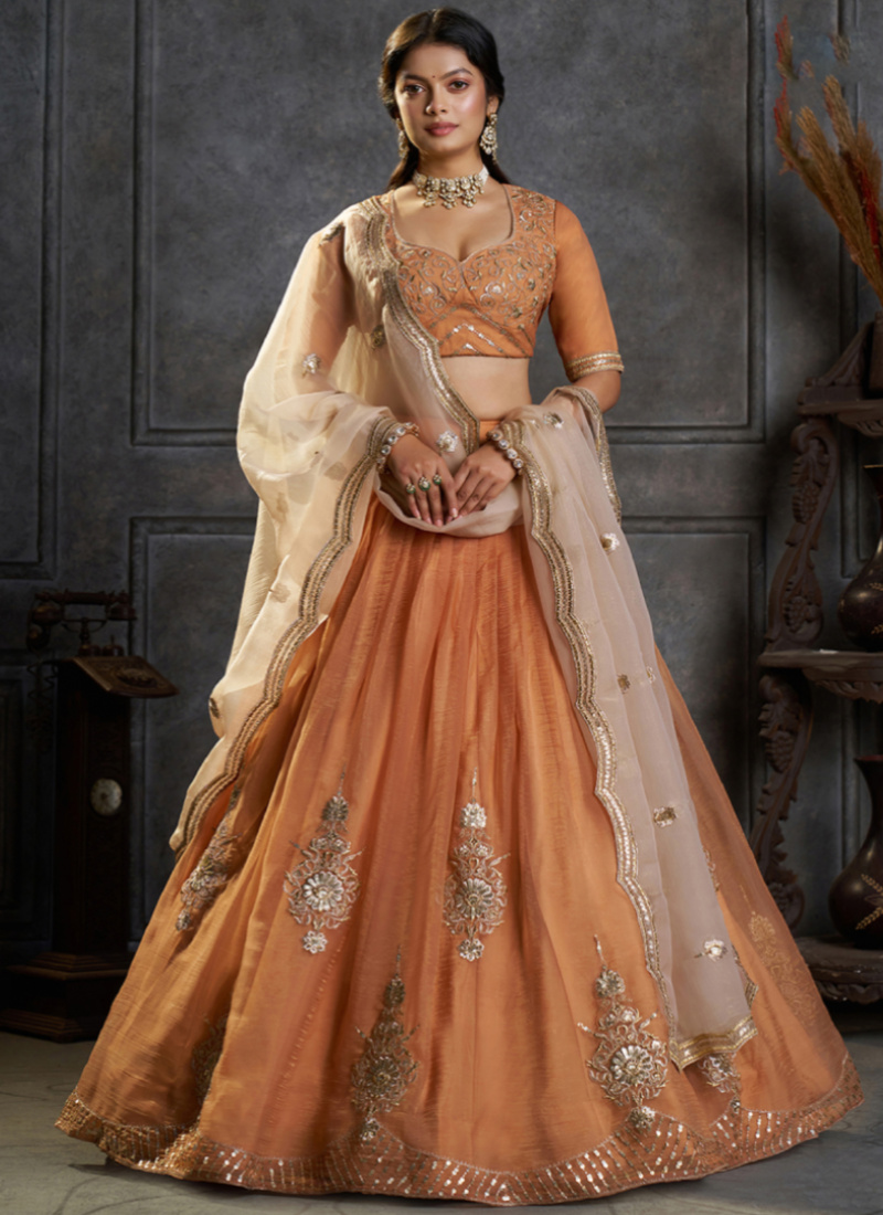 Rust Orange Organza Heavy Embroidered Lehenga Choli For Bridesmaids
