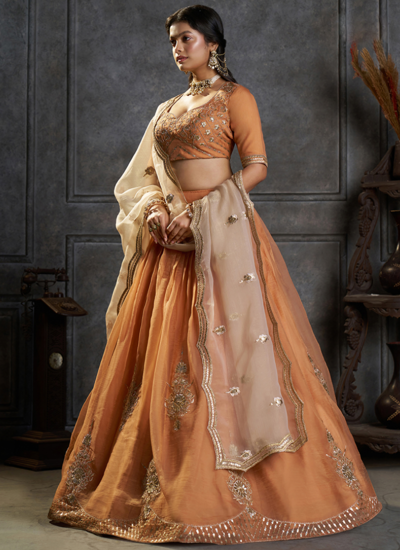 Rust Orange Organza Heavy Embroidered Lehenga Choli For Bridesmaids