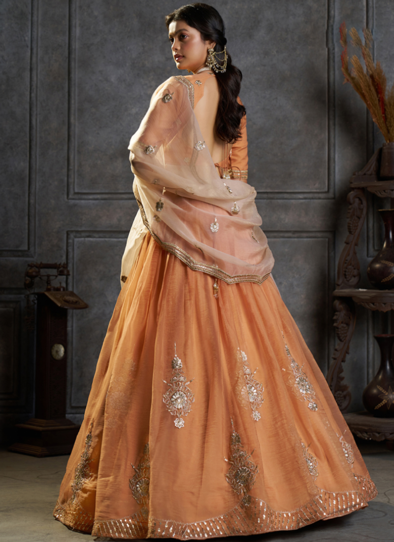Rust Orange Organza Heavy Embroidered Lehenga Choli For Bridesmaids