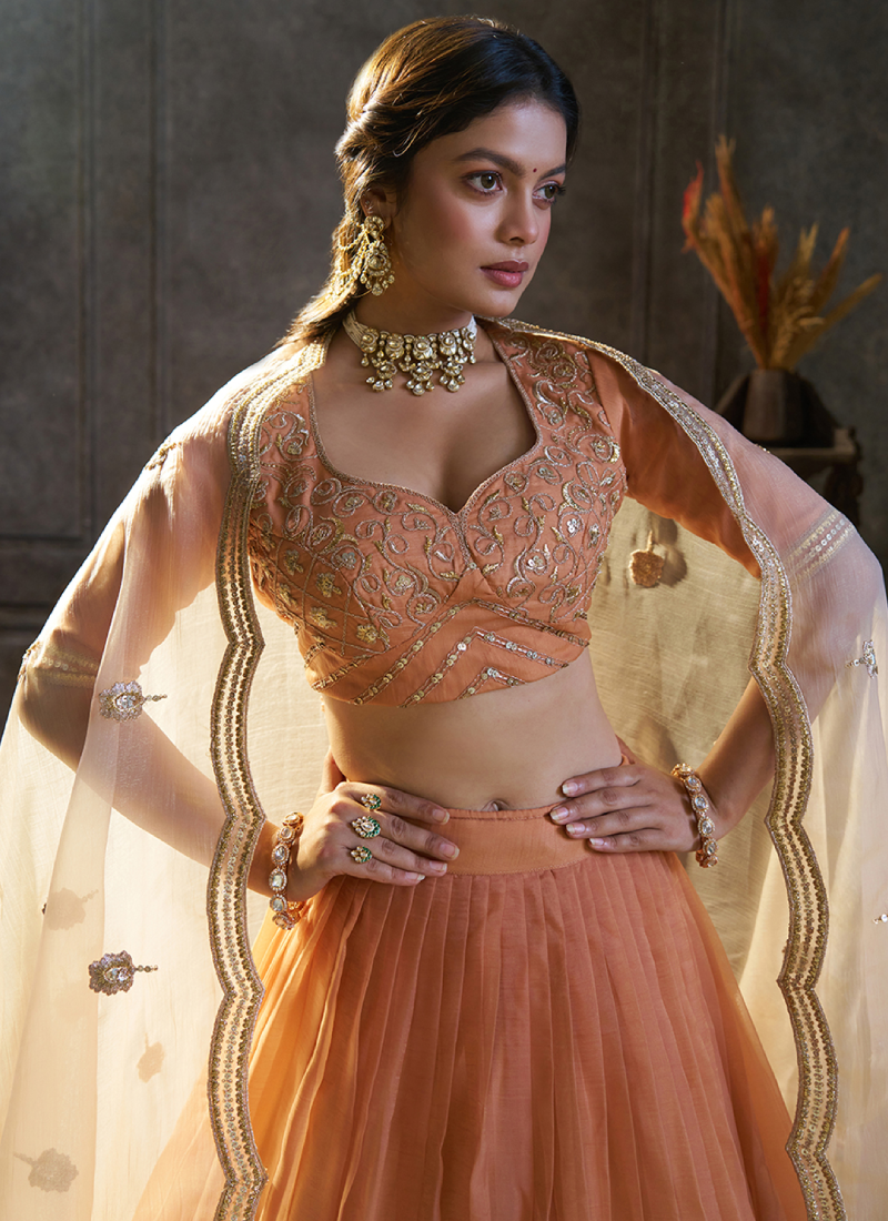 Rust Orange Organza Heavy Embroidered Lehenga Choli For Bridesmaids
